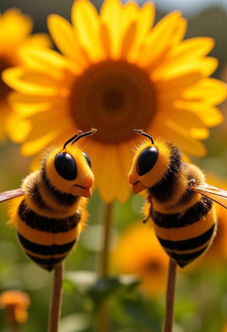 masterpiece, best quality, highly detailed, score_9, score_8_up, score_7_up, 
BREAK, 70mm lens, full-color photograph, shadows, cinematics lighting, volumetric lights, realistic lights, three quarter view, film grain, 
photograph of two cartoon bees, facing each other, one is looking confused. Caption at the bottom that says "what do you mean NO BUZZ?". Out of focus background of blurred gigantic flowers