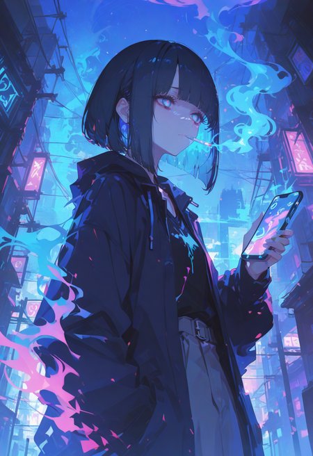 (1girl),(casual style, urban setting, modern aesthetic:1.3),(moody and atmospheric lighting:1.4),
(dark color palette, deep shadows, neon reflections),(black and cyan contrast:1.3),
(black and cyan hair, sleek bob cut, sharp bangs:1.5),(cold and tired expression:1.3),
(slight frown, disinterested, exhausted eyes:1.4),(looking at phone, mild frustration),
(rakus from below, upward perspective:1.5),(hand resting under chin, slightly lazy posture),
(dimly lit city background, faint neon lights, smartphone screen glow on face),
(holding smartphone with relaxed grip, checking messages, subtle reflection in phone screen),
(soft cyberpunk-inspired lighting, muted blue and gray tones),
(holding a lit cigarette, wisps of glowing blue smoke rising:1.5),(ethereal neon-blue smoke drifting upwards, pulsating glow),
(faint blue reflections on face from the smoke, subtle embers at cigarette tip),
(extraordinary lighting effects, cinematic composition, high-contrast atmosphere).,