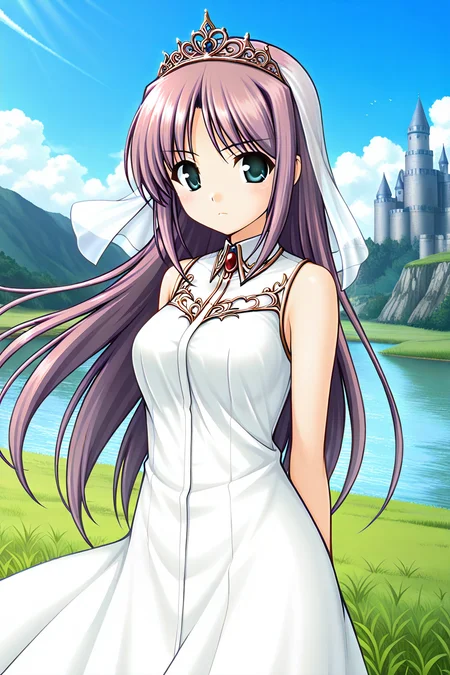 masterpiece, best quality, absurdres, official art, official style, rating generael BREAK <lora:lavria_IL_v1-1:0.7>, lavria, 1girl, solo, aqua eyes, green eyes, purple hair, very long hair, parted bangs, hair intakes, sidelocks, straight hair, medium breasts, large breasts, tiara, veil, see-through, white dress, sleeveless dress, bare shoulders, bare arms, day, cloud, outdoors, castle, scenery, blue sky, grass, water, nature, cowboy shot,
blush, close-up, closed mouth, collared shirt, looking at viewer, portrait, serious, floating hair, wind lift, floating vail, from side