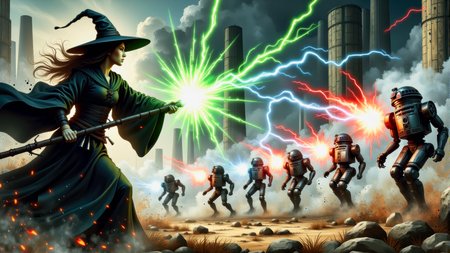 A dynamic action illustration showing a female techno-mage, wearing black robes and a Korean hat, and her faithful robot companion R2D2, facing off in an intense battle against a group of evil Daleks from planet Saros.  The techno-mage is using her staff to fire pulsating balls of magical green energy at the Daleks, and the R2D2 robot is discharging intense blue bolts of electrical energy at the Daleks. The Daleks are firing red pulse energy beams at the techno-mage and R2D2 robot.  It is evening, and the battle takes place in a dark misty dystopian cityscape, outside a huge megalithic industrial complex.  This is a full frame body shot, providing a environmental wide angle view of the entire body.  Poster illustration, bold colors, action sequence, complex patterns.  Intricate details, masterpiece, best quality.  Dramatic and dynamic high contrast lighting, dim dark atmosphere. <BaroqueColorful:0.72>
