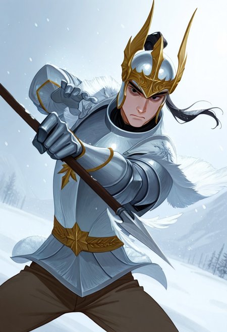 realistic shading, natural lighting, expressive serious face, machawdw-helmetted 1male focus, gold-white_machawdw_ponytail helmet, black eyes, eye_focus, holding spear, spear, fighting stance, cuirass, brown pants, armor, shiny skin, cowboy shot, snowing, snowflake, surreal, symbolic background, shadow, foreshortening, dutch angle, dynamic angle, dynamic action, intricately detailed illustration, cinematic, depth of field, atmospheric perspective, masterpiece, best quality, amazing quality, very aesthetic, absurdres, newest