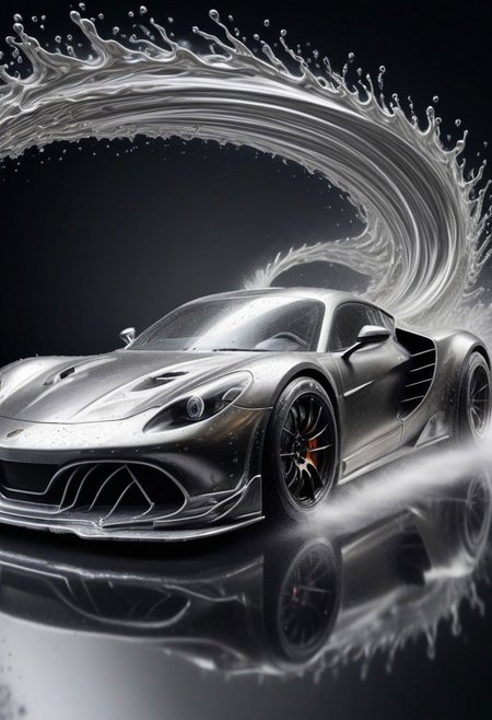 sports car, race car, racing through LIQUID METAL, liquid metal sprays up from the cars tyres