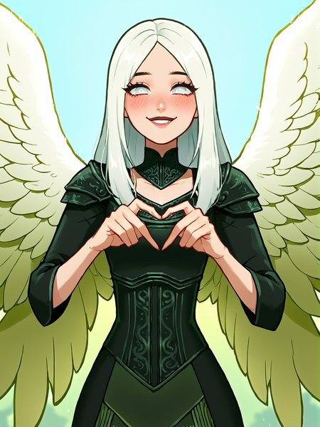 score_9, score_8_up, score_7_up, source_anime, masterpiece, 1girl,
Angel wings, feather wings, white hair, long straight hair, white eyes, shoulder armor, black dress, green dress, corset, green skirt, green cape,  <lora:AVACYN:1> <lora:sc00byXLP:0.9>,smile,  blush,  <lora:princess_xl_v2:0.8> <lora:AsuraLycoXL:0.4> <lora:balsamique-guy-PONYv1:0.4>,