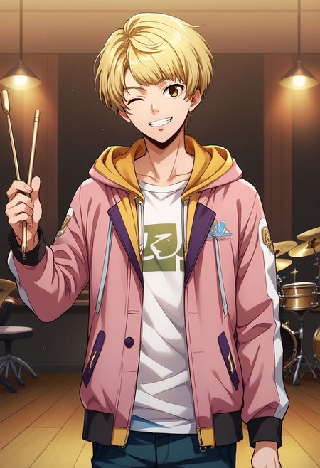 score_9, score_8_up, score_7_up, source_anime, highly detailed, 
banri, 1boy, solo, blonde hair, male focus, brown eyes, hood, jacket, grin, hoodie, pants,
looking at viewer, belt, hold, hold drumsticks, upper body, yellow hood, pink jacket, open jacket, open clothes, white shirt, one eye closed,
stage, indoor
