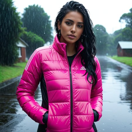 (dark cinematic still, dark vibes) sexy slim skinny two south american tall women ,unique, wearing a zipped up  pink  from high collar and tsh cuffs black adidas_puffer_jacket, unique hair styles, 8k uhd, dslr, high quality, photorealistic, realism, hyperrealism,  ((heaving rain water droplets wet scene)) 
<lora:adidas_puffer_jacket_v1:0.6> <lora:add-detail-xl:3>