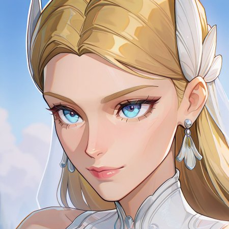masterpiece, best quality, newest, absurdres, highres, anime, anime style, portrait, eye focus, 1girl, SueStorm-Lifefantasticskin-V1.0,  wedding dress, wedding veil, veil, white dress, short dress, blonde, bare shoulders, blue eyes, flower, jewelry, long hair, earrings, long hair, high heels,