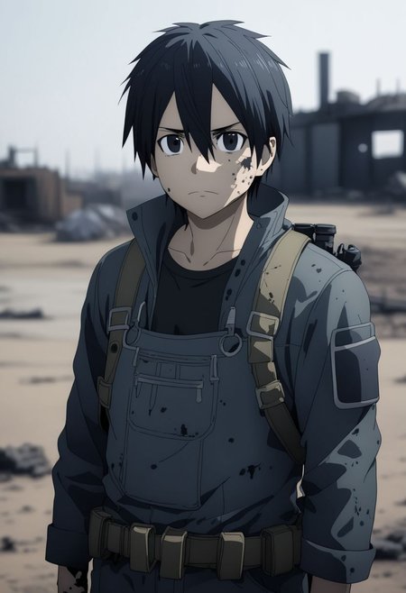high resolution, professional photography, best quality, 1Boy, Kirigaya Kazuto, Black Hair, Black Eyes, overalldetail, shallow depth of field, Post-Apocalyptic, survival
