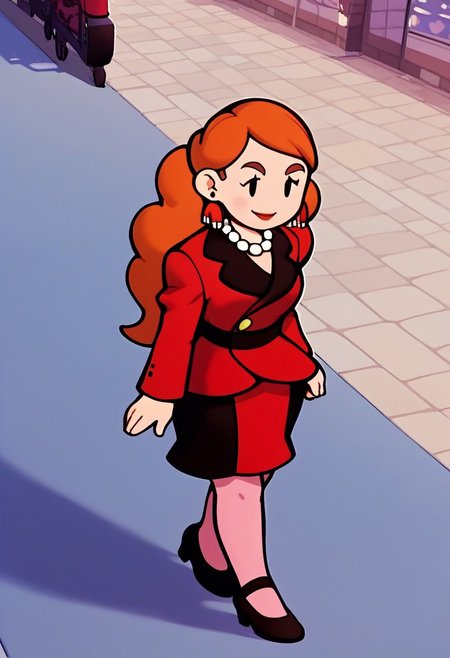 score_9, score_8_up, score_7_up,score_6_up, Expressiveh, 1dk, source_anime, chibi, paper_mario_style, dot eyes, solo, alone, 
Teslamagnet, Earrings, pearl necklace, Red jacket, red skirt, pink pantyhose, black footwear, high heels
, smile, happy, hearts around head,walking around in a market, shopping,