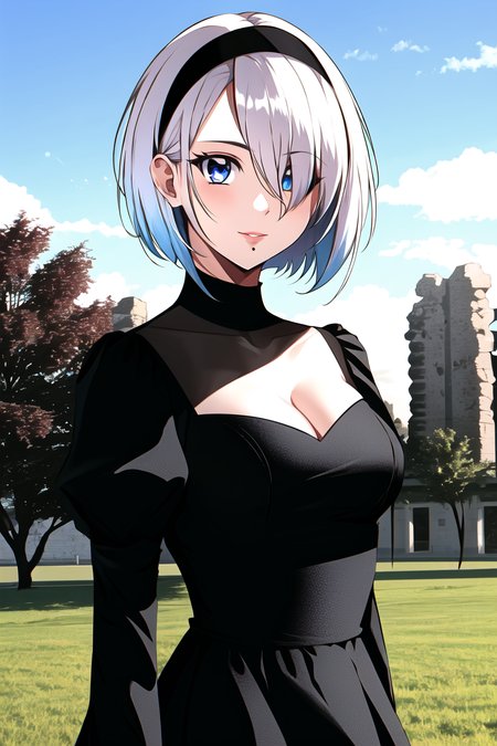 1990s \(style\), yorha no. 2 type b, retro style, 

1girl, black dress, black hairband, breasts, cleavage, dress, hair over one eye, hairband, lips, long sleeves, looking at viewer, medium breasts, mole, mole under mouth, puffy long sleeves, puffy sleeves, short hair, signature, solo, white hair, blue eyes, outdoors, grass, trees, ruins, 

<lora:1990s:0.5> <lora:yorha_noDOT_2_type_b:0.5>
