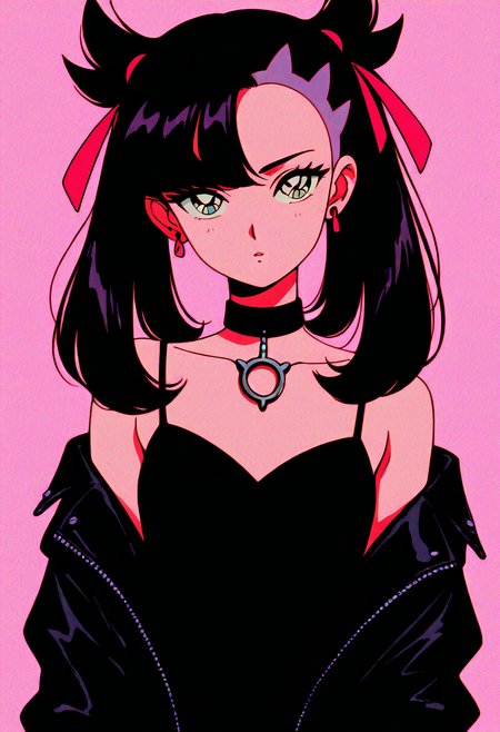 (masterpiece, best quality, good quality, very aesthetic, absurdres),    1girl, solo, eyelashes, (beautiful eyes),   zzMarnie, aqua eyes, black choker, red ribbon, pink dress, jewelry, black jacket, open clothes, long sleeves, looking at viewer, jewelry, collarbone, upper body, heart, earrings, choker, necklace, off shoulder, black eyes, black dress, parted bangs, black choker, film grain, looking at viewer, black hair, bare shoulders, upper body, off shoulder, black dress, black choker, hoop earrings, 1980s (style), film grain, <lora:GothRetroNAI:0.8>, <lora:MarniePokemon_NAI_v2:0.8>,