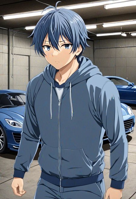 high resolution, solo, best quality, 1Boy, Tomoya Okazaki, Grey Blue Hair, lounge suit, hoodie, car garage, OverallDetail