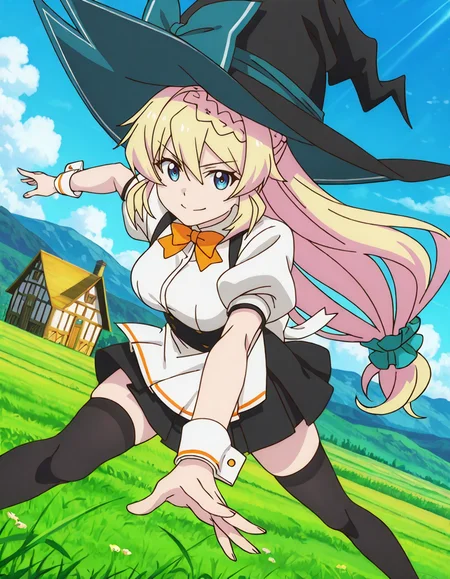 Azusa Aizawa  (slime 300nen),anime coloring,blue eyes,blonde hair,very long hair,low-tied long hair,scrunchie,bangs,french braid,witch hat,black headwear,blue hat bow,waitress,orange bowtie,puffy short sleeves,wrist cuffs,white shirt,waist apron,black skirt,black thighhighs,explicit,1girl,
(dynamic pose,dynamic angle,foreshortening:1.5),
looking at viewer,
smile,
medium breasts,
mildly perky breasts,shapely breasts,soft breasts,smooth curvature, visible cleavage, realistic breasts shape,balanced proportions,realistic proportions,natural breasts,natural looking breasts,hair between eyes,slim,curvy,(narrow waist:0.1),(wide hips:0.7),thick thighs,perfect anatomy,natural body,shapely body, smooth curves, defined waistline, soft shadows,elegant posture,detailed body,skindentation,matte skin,smooth skin,deep skin,soft brightness,skin shading,matte lighting,detailed mouth,kawaii,moe face,(bold),strong outlines,clean lineart,harsh lines,
(anime screencap,anime coloring,anime screenshot),anime style, Japanese anime, cel-shading, clean lineart, vibrant colors, sharp facial features, 2D illustration, anime screencap style,anime background scenery,detailed linework,intricate details,(masterpiece,best quality,amazing quality,16k,newest,very aesthetic,absurdres),highres,vibrant irises,ultra-detailed,perfect hands,five fingers,detailed hands,fantasy countryside, scenic plateau, wooden house in background, gentle green hills, wide open grassland, sunlight shining on grass, fantasy rural setting, peaceful atmosphere, distant wooden cottage, fantasy landscape, flowers blooming, blue sky with clouds, soft shadows, vibrant foliage,
 <lora:ã¹ã©ã¤ã åãã¦300å¹´ç¥ããªããã¡ã«ã¬ãã«MAXã«ãªã£ã¦ã¾ããã¢ãºãµã¢ã¤ã¶ã¯illustriousslime_taoshite_300nen_shiranai_uchi_ni_Level_MAX_ni_nattemashitaAzusa_Aizawaillustrious:0.8>