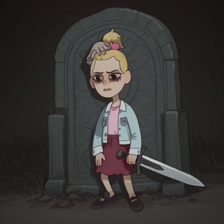 Sasha, 1girl, alone, short stature, blonde hair tied in a ponytail with a dark pink bow, mole on left cheek, light blue jacket, light pink shirt, dark pink skirt, black strap shoes, 
Mossastyle
Sasha with a sad, dull look and dark circles under her eyes. Sasha sits on a stone throne, one hand supporting her head and the other holding a huge sword stuck in the ground.