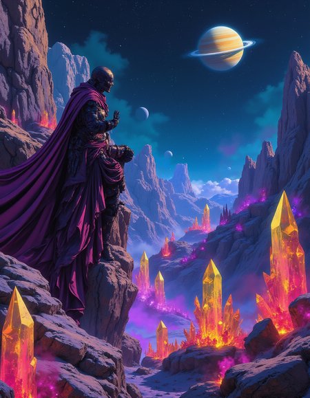 masterpiece, Mecha cybernetic electroshaman leaning on a space ship, overlooking a landscape filled with crystals, planet Saturn with rings in the sky, alien planet, neon shine, vibrant colors, highly detailed, cinematic composition, marbling of lansdscape  <lora:MJanime_Flux_LoRa:0.25> anime style <lora:NeonFantasyFLUX:0.5> ne0nfant4sy <lora:Flux1-impossible_geometry_V1.0:0.4> <lora:flux.1_lora_flyway_Epic-detail_v2:0.7>, style by Lawrence Alma-Tadema and William Bouguereau and Édouard Debat-Ponsan