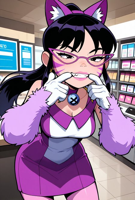 <lora:nyancychan-10:1> nyancychan, black hair, 1girl, long hair, cat ears, purple glasses,  claws, gloves, neck bell, purple choker, whisker markings, ponytail, pink pants, short dress, sleeveless, sharp canines, pink lipstick, expressive, facial expression,(( cartoon, screencap)), half closed eyes, seductive look, leaning forward, teeth, biting fingers, store counter, pet store, cashier,, masterpiece, best quality, amazing quality, very aesthetic, absurdres, newest,