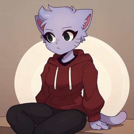 score_9, score_8_up <lora:Katzun-PONY:1> katzun, dark green eyes, female, solo, red hoodie, sitting, pants, looking to the side