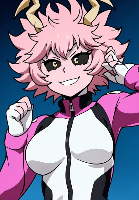 <lora:mina_ashidov2:0.8>, mina_ashido, (masterpiece, best quality,perfect lighting), 1girl, solo, smirk, strike a pose, portrait, hands up, bodysuit,