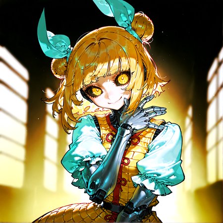 optical illusion,ssambatea, quasarcake, Fishine,piaki, pochincoff:1.2 ,  joutouguu_mayumi, absurdres, highres ,1girl ,solo, blonde_hair, blurry, blurry_background ,dress, hair_ribbon ,looking_at_viewer , puffy_short_sleeves, puffy_sleeves ,ribbon ,shirt ,short_hair ,short_sleeves, ,white_ribbon, white_shirt ,yellow_dress ,yellow_eyes,mechanical_arms,,robot_girl, robot_joints, metal skin, robot body, yellow skin,mechanical_eye ,black_sclera ,colored_skin ,smile,mechanical body,android,no_humans,mechanical_hair,mechanical_jaw,terminator_(series) ,robocop,
<lora:illustrious_noobai_epsilon_pred_1_best_quality_v1:0.5> ,<lora:illustrious_noobai_epsilon_pred_1_masterpieces_v1:0.5>, <lora:ponyv4_noob1_2_adamW:0.5>, <lora:touhou_146:0.4>,