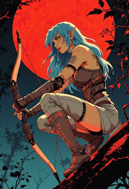 Image is a close up digital fantasy artwork featuring female elf character squatting high on a tree branch stalking her prey. She has tan skin with long blue hair with white highlights and point ears. She's wearing a light leather hide corset armor with matching long gloves and thigh-highs, both adorned with glowing red patterns. In her hands is a bow. The background is of a dark forest, vines, red moon.
