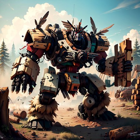 detailed masterpiece  <lora:totempunkai_v20:.7> totempunkai battle mech made of logs