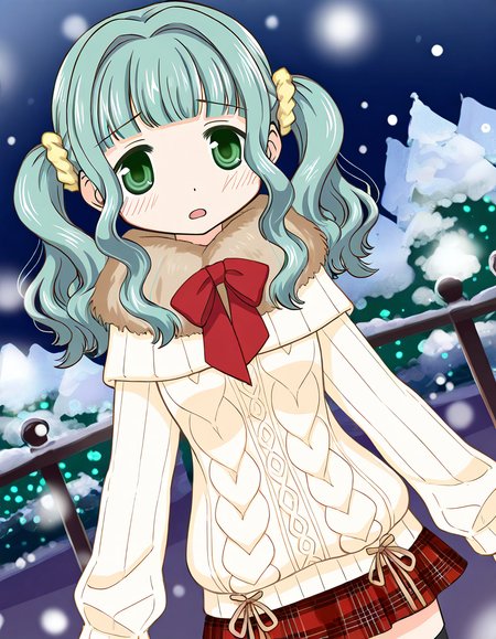 masterpiece, best quality, newest, absurdres, highres, safe, 1girl, futaba sana \(winter costume\), magia record: mahou shoujo madoka magica gaiden, thighhighs, solo, open mouth, snowing, outdoors, dutch angle, <lora:futaba_sana_noobaiXLNAIXL_vPred10Version:0.7>