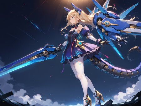 score_9, score_8_up, score_7_up,source_anime,
from side, 
mechagirl02,1girl, leotard,white pantyhose, 
solo,mecha musume, mechanical gloves, rgb lights, mechanical tail, armored dress, huge weapon, 
 <lora:roboko-000015:0.7>