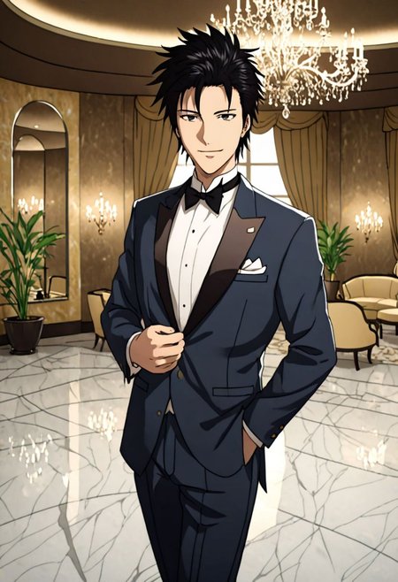 Highres, Masterpiece, High Quality, 4K, 8K, solo, 1Boy, Soujirou Agata, brown eyes, black hair, ballroom, luxury hotel, luxury room, marble floor, crystal chandelier, classic ornaments, tuxedo, smile, musterius, classy, confident, rich, easynegative, detailed_eye_model