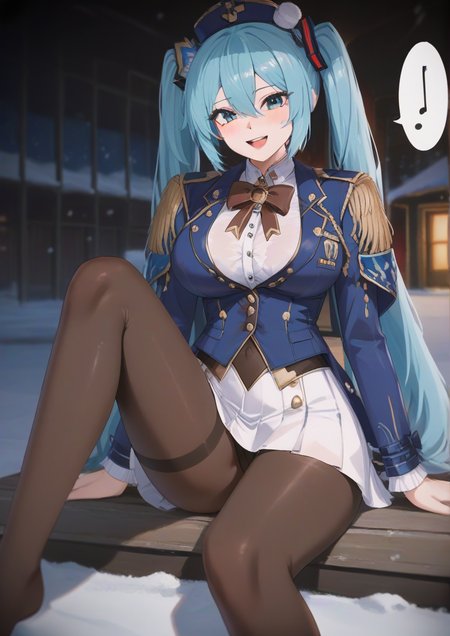 1girl, hatsune miku, yuki miku, yuki miku (2020), huge breast, :d, beamed sixteenth notes, blue bow, blue eyes, blue hair, blue headwear, blue jacket, blush, bow, brown bow, brown pantyhose, epaulettes, feet out of frame, hair between eyes, hair spread out, hat, jacket, long hair, long sleeves, looking at viewer, mini hat, mini shako cap, musical note, open mouth, pantyhose, quinzhee, sitting, skirt, smile, snow, snow shelter, solo, speech bubble, tilted headwear, twintails, very long hair, white skirt, <lora:Nvl:1>