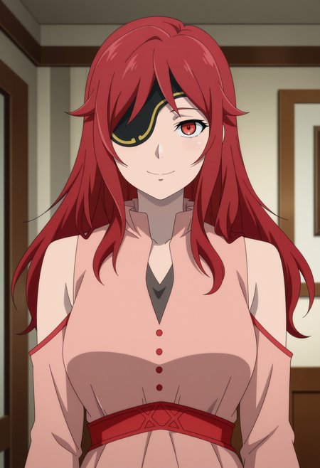 1girl,solo,mm,mature female,red hair,long hair,eyepatch,red eyes,anime coloring,
dress,upper body, looking at viewer, smile,indoors
,masterpiece,best quality,amazing quality,<lora:Hwaryun-Tower_of_God_r1:0.8>