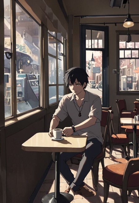 Highres, Masterpiece, High Quality, 4K, 8K, solo, 1Boy, Takaki Toono, adult, black hair, short hair,  cafe, corner cafe, room corner, corner room, hang out, tables, chairs, sofas, pillows, window views, comfortable, coffee cups, casual wear, small simple necklaces, bracelets, watches, easynegative, detailed_eye_model