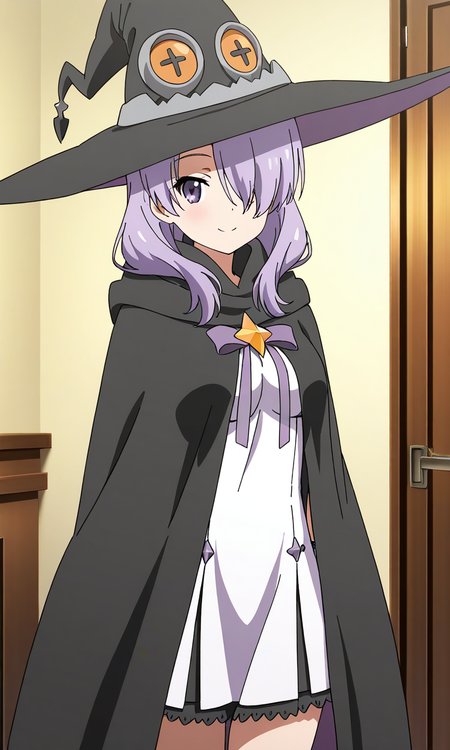 masterpiece, best quality, good quality, <lora:Nanako_Houkago_no_Pleiades_IS:0.8>
Nanako(Pleiades), 1girl, purple hair, hair over one eye, purple eyes, long hair, breasts, anime coloring, 
purple ribbon, hair over one eye, long hair, breasts, 1girl, solo, smile witch hat, looking at viewer, home in the room, cowboy Shot, white dress, black cloak,