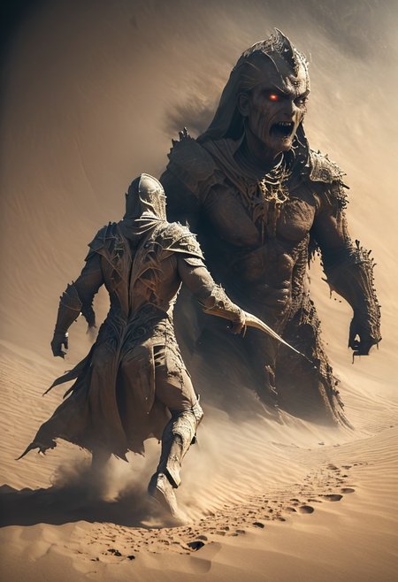 very dark focused flash photo, amazing quality, masterpiece, best quality, hyper detailed, ultra detailed, UHD, perfect anatomy, portrait, dof, hyper-realism, majestic, awesome, inspiring,Capture the thrilling showdown between the ancient mummy and the colossal sand boss in an epic battle amidst swirling dust and desert sands. Embrace the action and chaos as these formidable forces clash in the heart of the dunes. cinematic composition, soft shadows, national geographic style
