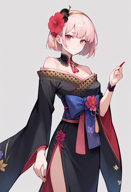 score_9,score_8_up,score_7_up,score_6_up,score_5_up,score_4_up,
1girl, breasts, mori calliope,short hair, black kimono, print kimono, detached collar, sash, bow, wrist cuffs, hairband, hair flower, neck tassel, ribbon, off-shoulder kimono, wide sleeves,
solo, cowboy shot, simple background, grey background, closed mouth,
<lora:moriponyxl:1>