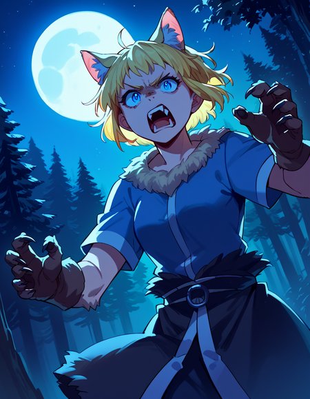 score_9, score_8_up, score_7_up, source_anime, <lora:fireforce-iris-s1s2-ponyxl-lora-nochekaiser:1>, iris, short hair, blonde hair, blue eyes, medium breasts,, <lora:werewolf-ponyxl-lora-nochekaiser:1>, werewolf, furry, fangs, animal ears, gloves, angry, teeth, animal ear fluff,, forest, night, moon, open mouth, , dutch angle, cowboy shot