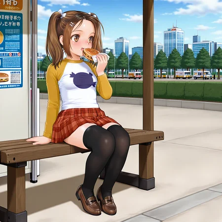 HDA_MasterpieceXLclassic, full body shot, outdoors, city park, food truck, sitting on a bench, hand raised, holding hamburguer, happy, eating, <lora:Ayumi_Nagayama_-_Dr.Tannou_MuSoft:1> AyumiGold, 1girl, brown eyes, plaid skirt, twin tails, raglan sleeves, plaid skirt, thighhighs, loafers, white bows, hairpin,