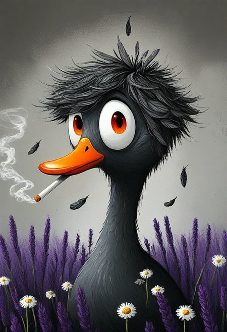 close-up portrait of a duck, elongated head, impossibly huge amber eyes, textured feathers, cigarette held in exaggerated orange bill, swirling smoke tendrils, purple lavender and white daisies in foreground, moody teal background, digital painting with expressive brushstrokes showing detailed feather texture, characteristic Tim Burton inspired design with dramatic oversized eyes that reflect tiny light sources, dark whimsical art style