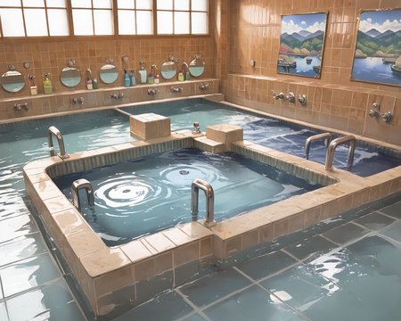 sento,bathhouse,water,tile_floor,tile_wall,mural wall
 <lora:sento:1>