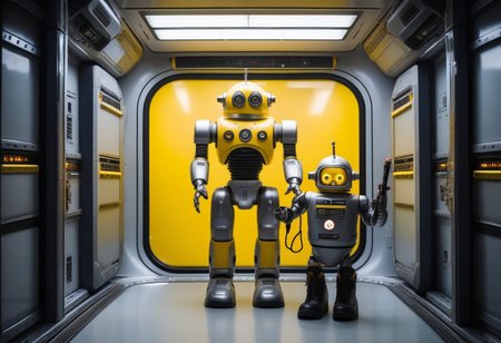 Photo of a maintenance robot, (wearing a yellow hardhat, grey janitor overalls, black work boots), holding a large screwdriver, (a sign displaying the word "Maintenance, BRB" is visible), in a spaceship corridor, comedic atmosphere, the android has a cyborg face with a  world-weary expression, Cinematic lighting, 8k, ultra realistic, hyper detailed, sci-fi, highlights, RAW, realistic, photo, best quality, (dramatic lighting), (sharp focus, intricate), Style-DoF