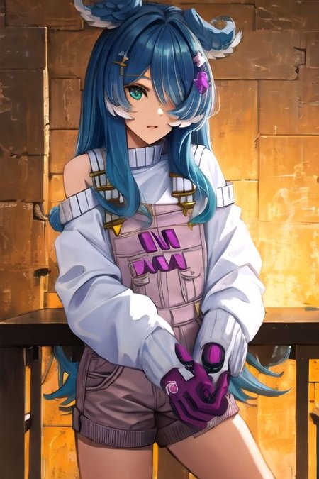 solo, 1girl, solo_focus, (((masterpiece))), ((best quality)), ((ultra-detailed)), high resolution, absurdres, highres, ultra-detailed 8k unity wallpaper, 
elira1st, long sleeves, overalls, white sweater, off shoulder, grey gloves, one eye covered, overall shorts