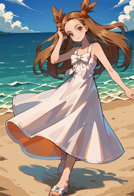 score_9, score_7_up, source_anime, BREAK light smile, ocean, blue sky, head tilt, floating hair, hand in own hair,   <lora:Jasmine:1> J4SM1N3, brown hair, long hair, pigtails, brown eyes, Orange hair ornament, white dress, sundress, white bow, sandals, white footwear, sleeveless,