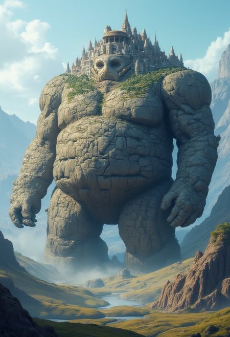 "Create a hyper-realistic 8K image of a massive, hibernating golem, its body a sprawling, rocky landscape that stretches across the image. On its back, a intricate city has been built, with towering skyscrapers, winding streets, and bustling markets. The city is rendered in exquisite detail, with delicate textures and patterns that suggest a thriving metropolis. The golem's body is equally detailed, with intricate cracks and crevices that reveal its ancient, weathered surface. The landscape surrounding the golem is a serene, misty valley, with rolling hills and towering mountains that stretch up to the sky. The background is a subtle, gradient blue to allow the golem and its city to take center stage. Style: hyper-realistic, detailed, and imaginative, with a focus on capturing the intricate texture and detail of the golem's body, the city, and the surrounding landscape." (Highest quality masterpiece in HDR)