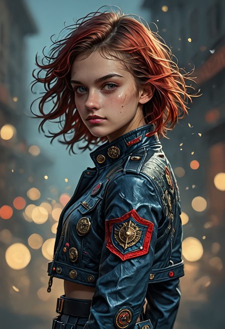 1girl, side view, she is Nausica of the Valley of the Wind, solo, masterpiece, absurdres, best quality, (colorful), cinematic lighting, realistic, dynamic pose, extremely detailed, head turned to look at viewer, red hair, beautiful detailed face,(intricate detailed blue short military jacket with gold inlaid, cleavage,extremely short miniskirt, military black boots), stands alone on the middle of a street with lampposts and burning fires in the background, solo, masterpiece, absurdres,  dynamic pose, the Sun shines over her, sun rays in her hair,subsurface scattering, remarkable color, ultra realistic, textured skin, remarkable detailed pupils, realistic dull skin noise, visible skin detail, skin fuzz, dry skin, bokeh, sharp focus on subject. no headgear,extremely detailed, looking at viewer, beautiful detailed face, subsurface scattering, remarkable color, ultra realistic, textured skin, realistic dull skin noise, visible skin detail, skin fuzz, dry skin, bokeh, sharp focus on subject.