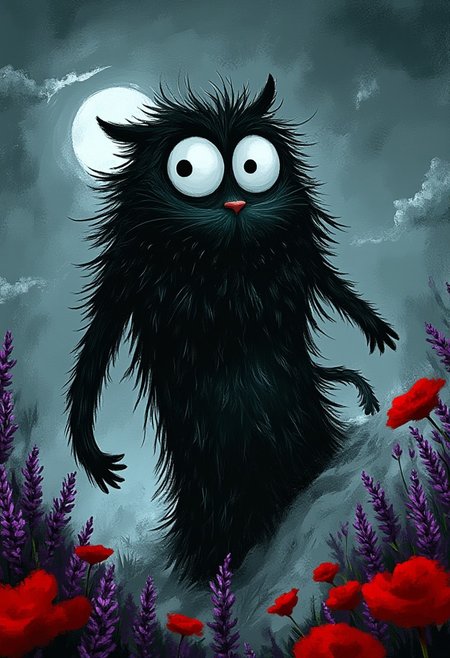 A whimsical illustration of an elongated black cat with huge, intense silver eyes in dark whimsical art style, crouched defensively sideways with impossibly long stretched limbs and needle-sharp extended claws, wild spiky fur bristling like dark thorns, digital painting with expressive brushstrokes creating jagged fur textures, purple lavender and red poppies swaying ominously around, stormy twilight background, characteristic Tim Burton inspired design with eyes reflecting moonlight