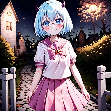 best quality, masterpiece, detailed, Crocell Kerori, smile, closed mouth, light blush, happy, light blue hair, short hair, blue eyes, horns, round eyewear, colored eyelashes, KeroriSchoolUniform, school uniform, serafuku, pink skirt, bow, standing, looking at the viewer, halloween, outdoors, night.