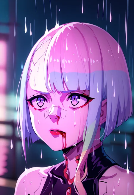 score_9, score_8_up, score_7_up, BREAK
1girl, lucy, short hair, bangs, red eyeliner,
bare shoulders, black bodysuit,
portrait, blood on face, bandaid on nose,blurry background, pink lighting, night, dark, pink theme, rain    <lora:LucynaXLv2_byKonan:1> <lora:YouLookLonelyXL_byKonan:1>