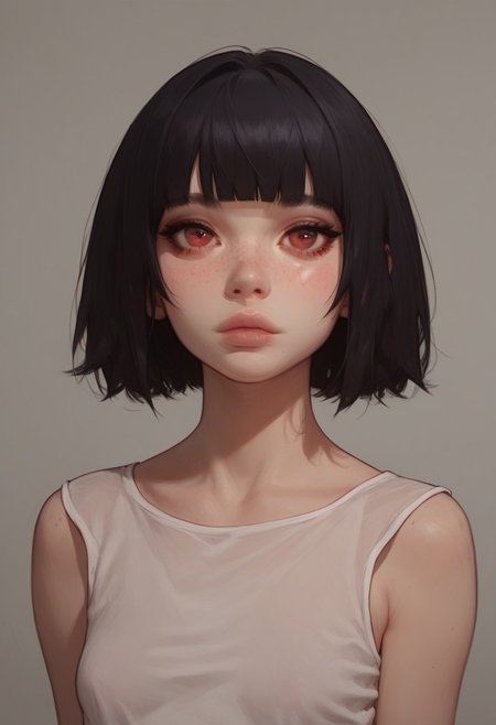 score_9, score_8_up, score_7_up, score_6_up, score_5_up, score_4_up, (1girl, 18 years old, sexy small breasts, skinny,  sexy young face, red eyes, black hair, bob haircut, fringe, pookies, freckles, ,) close up, extremely detailed face, slutty,