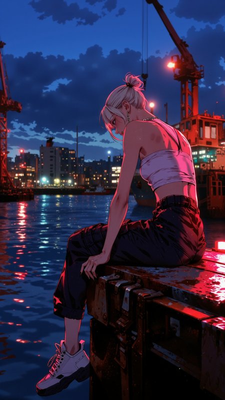 Niji_anime, High-resolution anime-style illustration with bold painterly textures, vibrant metallic colors in the environment, and dynamic neon lighting. A young woman sits on the edge of a weathered harbor dock at night, gazing out at the glowing reflections of city lights on the rippling water. Her platinum-blonde hair is styled into a sleek, high ponytail, a few strands framing her sharp, confident expression. She wears a cropped, asymmetrical tank top with a modern cut, paired with loose, high-waisted cargo pants cinched at the ankles, and chunky sneakers. A minimalist silver chain necklace rests against her collarbone, catching the glow of neon reflections. One leg is bent, the other stretched out as she leans back slightly, resting on her arms, exuding effortless confidence. In the distance, cargo ships drift through the harbor, their navigation lights flickering like distant stars. The scent of salt and oil lingers in the air, blending with the muffled hum of the city. The harborâs steel cranes loom overhead, their silhouettes cutting through the deep indigo sky, as mist rolls in from the open sea, softening the neon reflections into an atmospheric haze.   <lora:Anime_Art_V3:0.7000000000000001> <lora:Evangelion_Post-impact_Apocalyptic_Style_Flux.1_D_by_AutoPastel-000019:0.9> <lora:Niji_anime_style_flux:0.6>