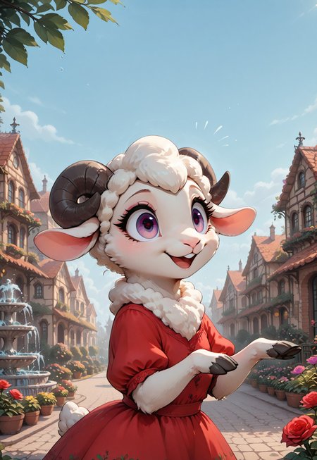 masterpiece, best quality, absurdres, m0use_istyle, FMIXF, vibrant details, fluffy fur, eyeliner, multfx, colored shading, colorful shading, furry female, body fur, white body fur,  sheep, sheep horns, violet eyes, inside, wide eyed, portrait, :3, :d, hands up, outdoors, rose garden, fountain, blue sky, ribbon, hair accessory, red dress,