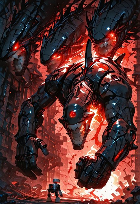 1man, solo, cyborg, [(((black metal body/head)))], BREAK, ((small robot round eye)), ([(((one eye in center of the forehead)))]), ((red pupil)), ((blowing eye)), BREAK, ((sharp white teeth, cyborg teeth)), ((open mouth)), (grey tongue, out tongue)), ((robot tongue)), ((dark coating body and head)), BREAK, ((dynamic action poses, from narrow, dynamic angle, dynamic close up view)), BREAK, ((spike spine)), (muscular body, big body), cyborg fingers, bloody hands, ((left hand in fist)), stand pose, size difference, BREAK, scared, reaching, stuffed shark,
HDR, 8k, high contrast, masterpiece, best quality, amazing quality, very aesthetic, high resolution, ultra-detailed, absurdres, perfect lighting, volumetric lighting, dramatic shadows, cinematic lighting, (sharp image), safe, scenery, (perfect anatomy, perfect hand anatomy, perfect robot face anatomy, perfect robot eye anatomy, perfect mouth anatomy), perfect lighting, (sharp image), perfect anatomy, Focus face, (sharp focus), OneCybEye,  G0thicL1nes, SmoothNegative_Hands
dynamic pose, SmoothNegative_Hands, MythAn1m3, Smooth Quality, CybOneEye,
