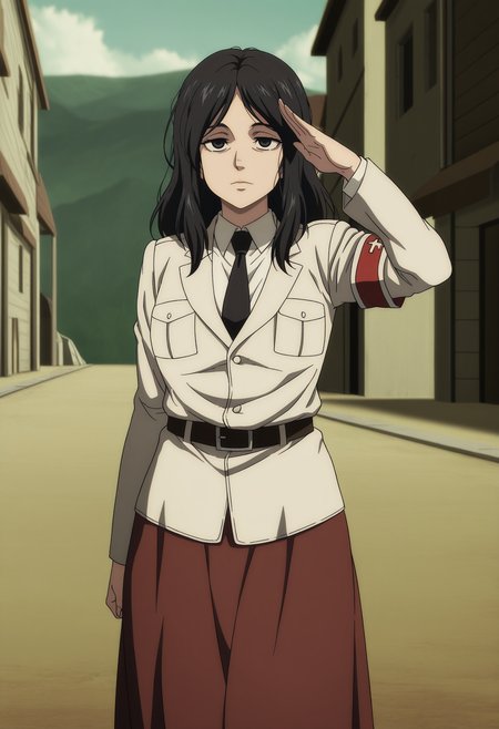1girl,solo,mm,mature female,black hair,long hair,black eyes,anime coloring,
jacket,armband,collared shirt,white shirt,skirt,red skirt,long skirt,belt,necktie, salute,outdoors
,masterpiece,best quality,amazing quality,<lora:Pieck_Finger-Shingeki_no_Kyojin-The_Final_Season:0.8>